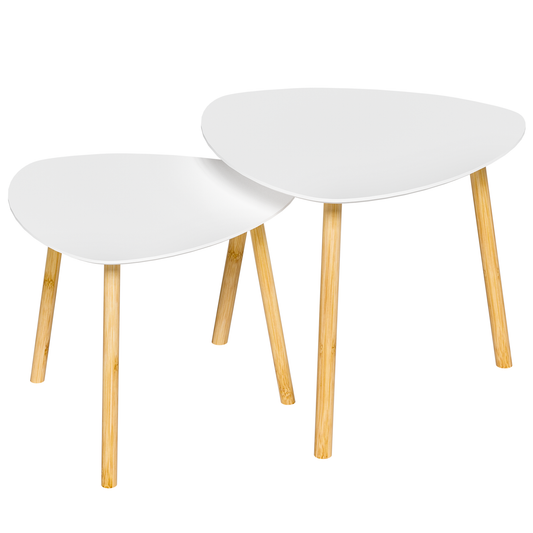 Set of Two White and Natural Wood and Solid Wood Triangle Nested Coffee Tables