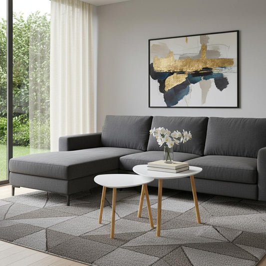 Set of Two White and Natural Wood and Solid Wood Triangle Nested Coffee Tables