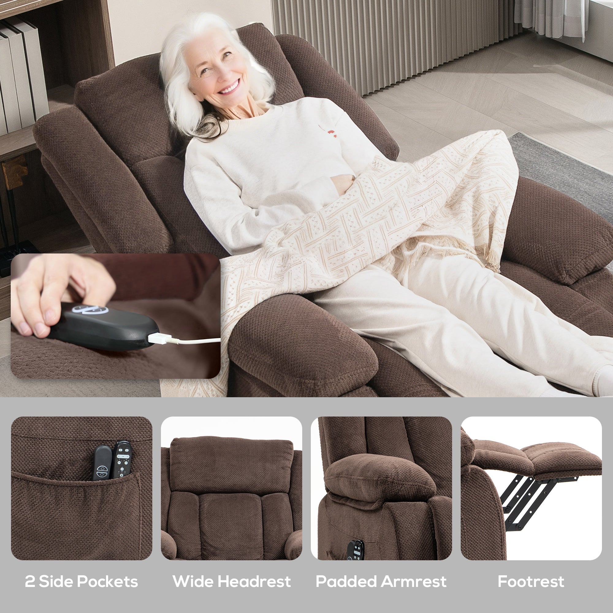 Power Lift Recliner Chair with Massage and Heat, Electric Lift Chair with Side Pockets for Elderly, Brown