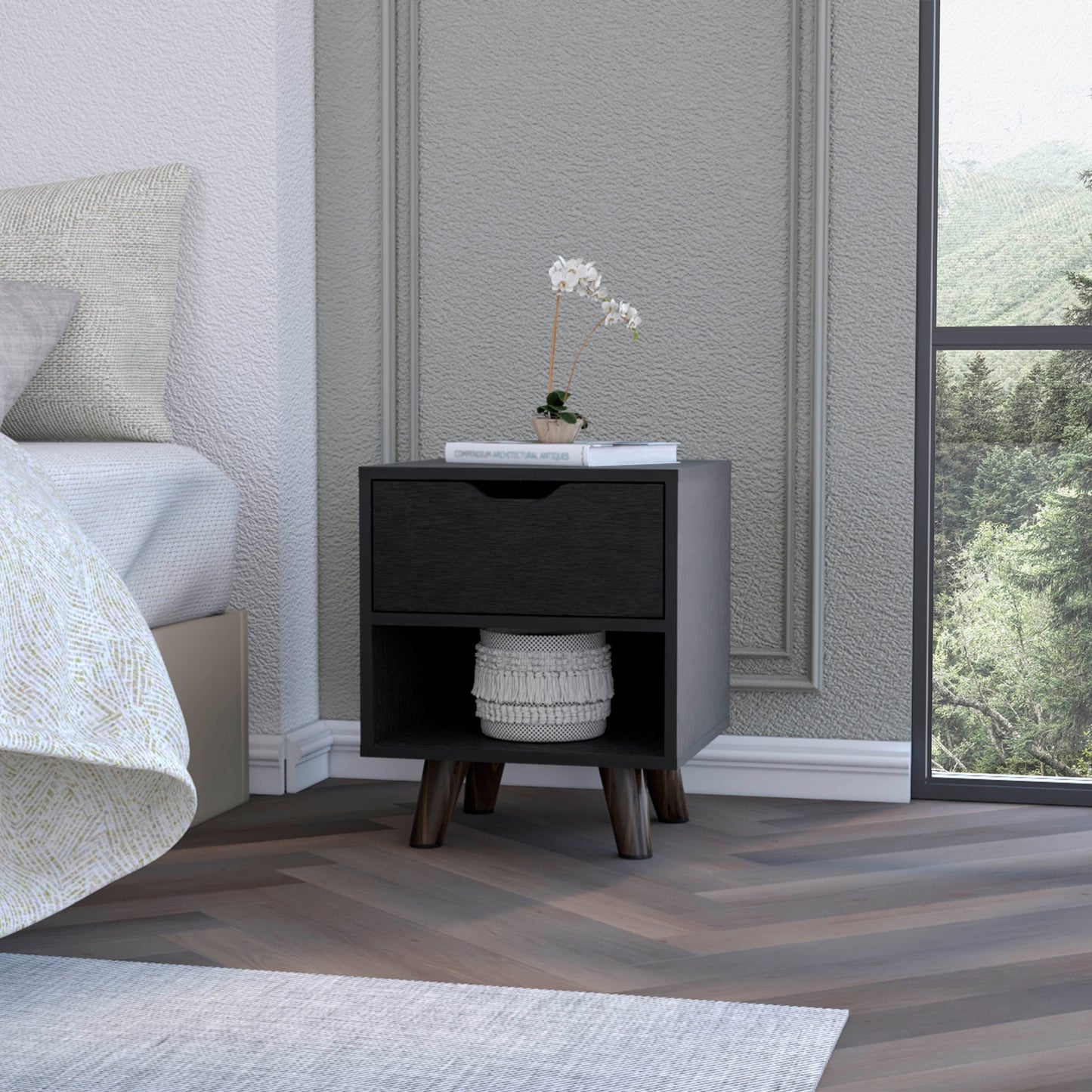 19" Black Wood One Drawer Nightstand