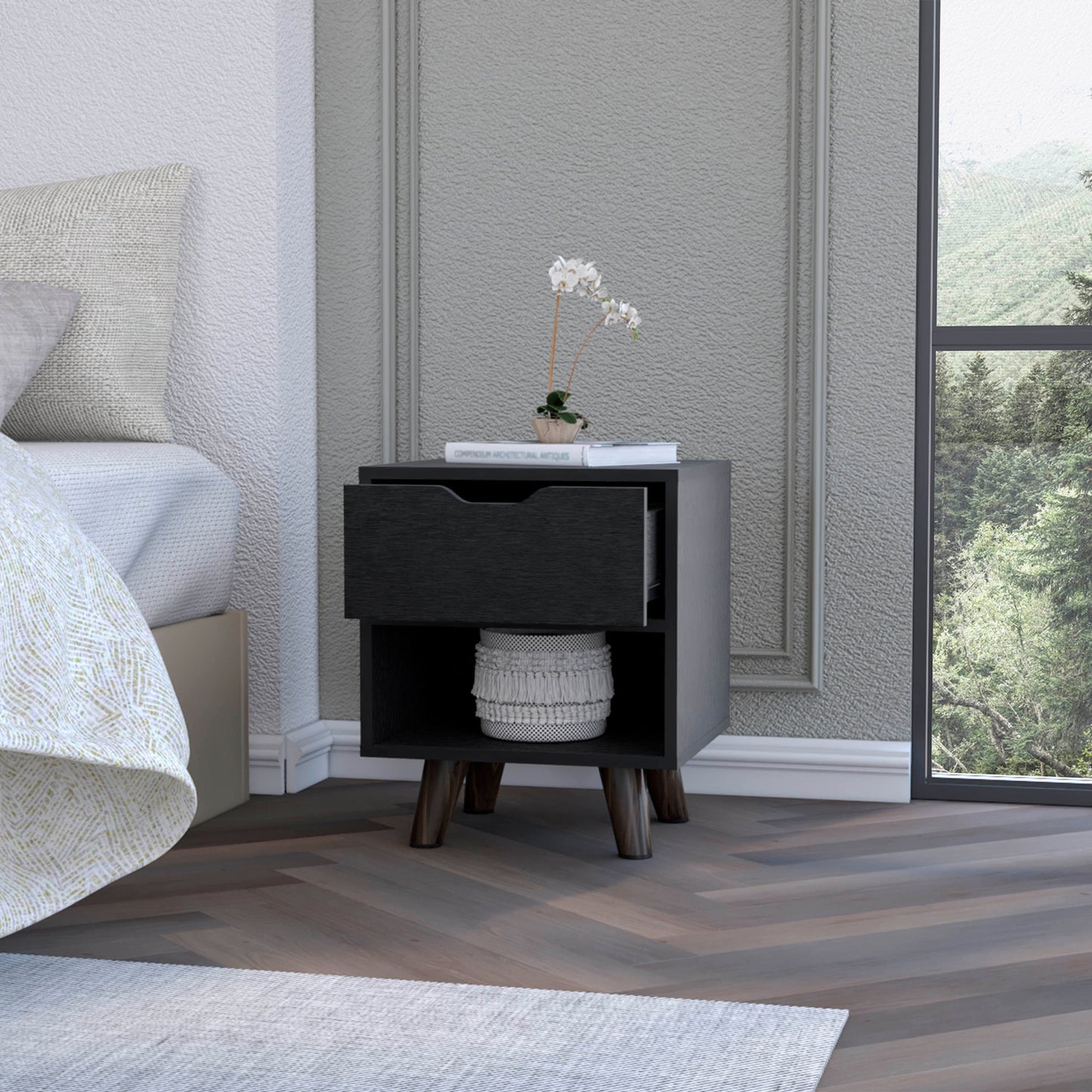 19" Black Wood One Drawer Nightstand