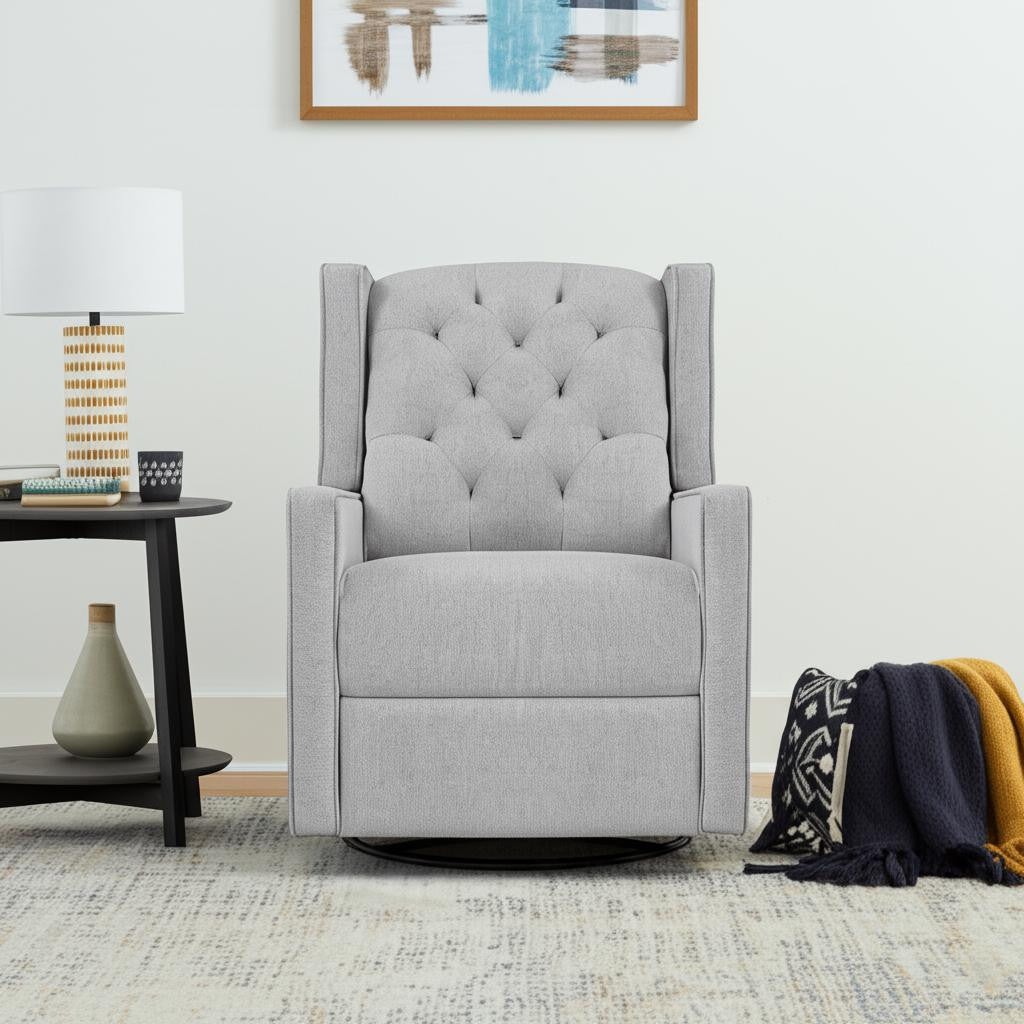 37" Gray Tufted Fabric Swivel And Gliding Wingback Recliner Chair