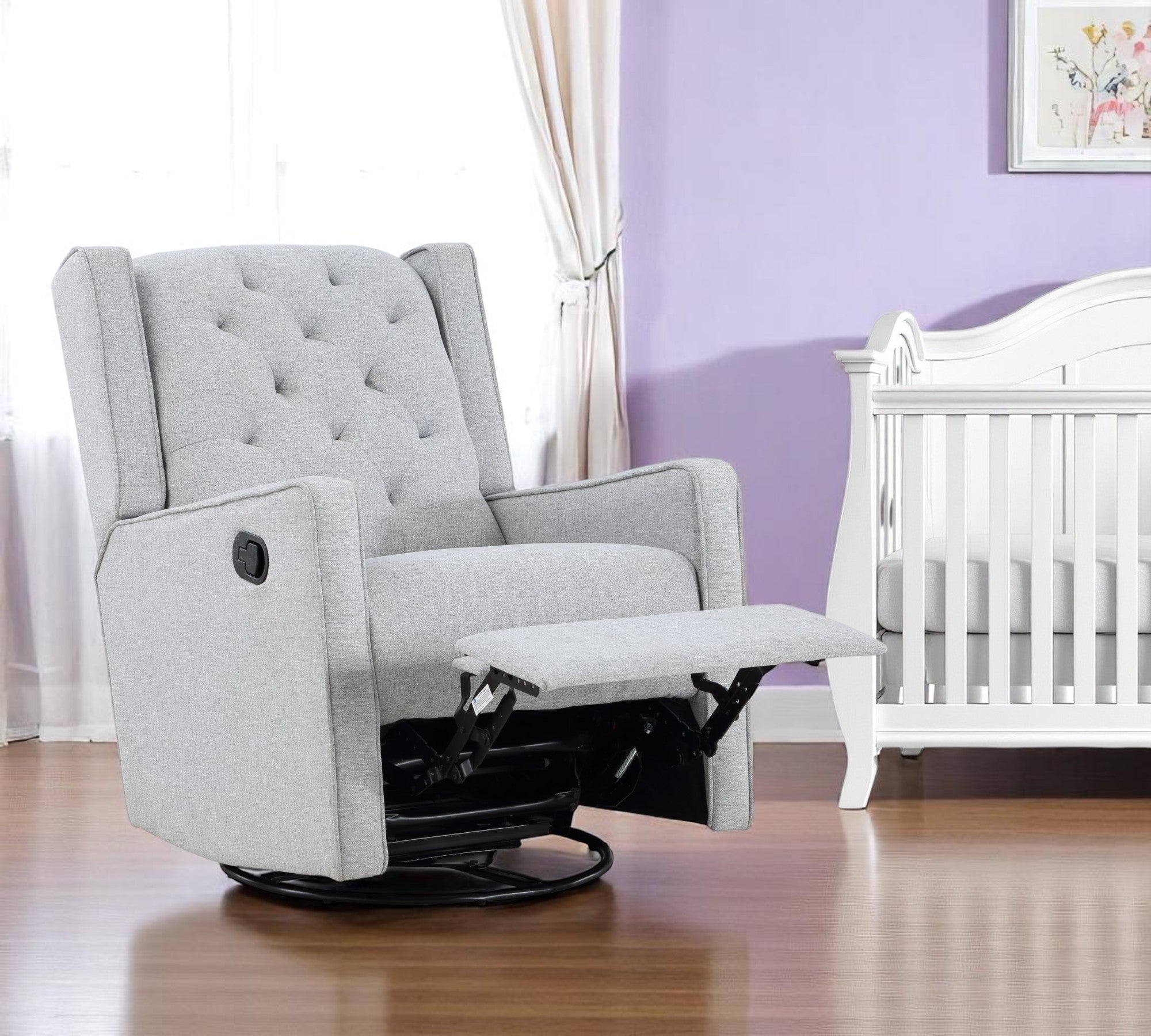 37" Gray Tufted Fabric Swivel And Gliding Wingback Recliner Chair