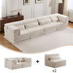 Compression Mahjong Sofa,Convertible Floor Sofa Bed,DIY Boneless Modular Sectional Sofa,No Assembly Required,Circle Fleece Fabric,Oversized 4 Seater With 4 Pillows,White