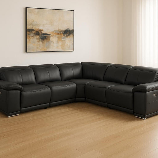 Black Italian Leather Modular L Shaped Five Piece Corner Sectional