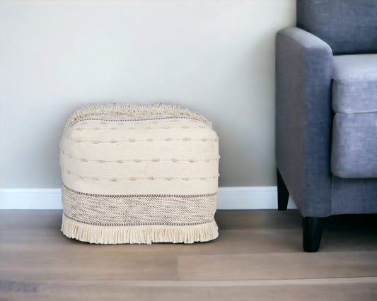 18" Cream Cotton Striped Pouf Ottoman