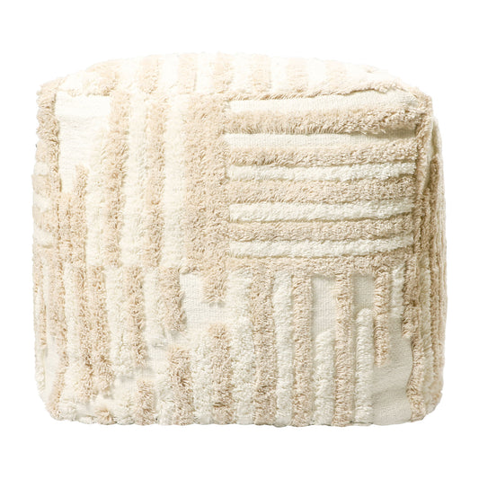 18" Beige Cotton Cube Striped Pouf Ottoman