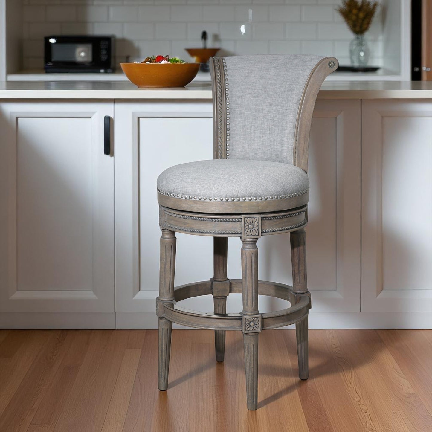 25" Gray Solid Wood and Fabric Counter Height Swivel Bar Chair