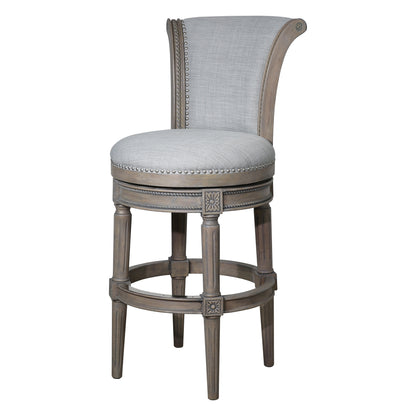 25" Gray Solid Wood and Fabric Counter Height Swivel Bar Chair