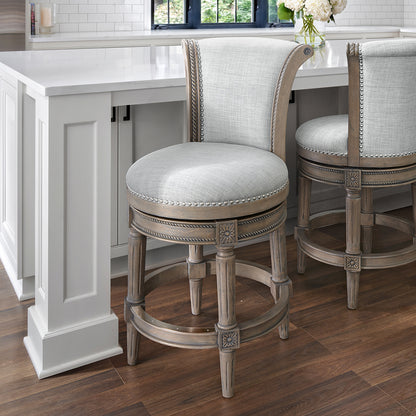 25" Gray Solid Wood and Fabric Counter Height Swivel Bar Chair