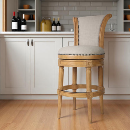 30" Beige and Natural Fabric and Solid Wood Bar Height Swivel Bar Chair
