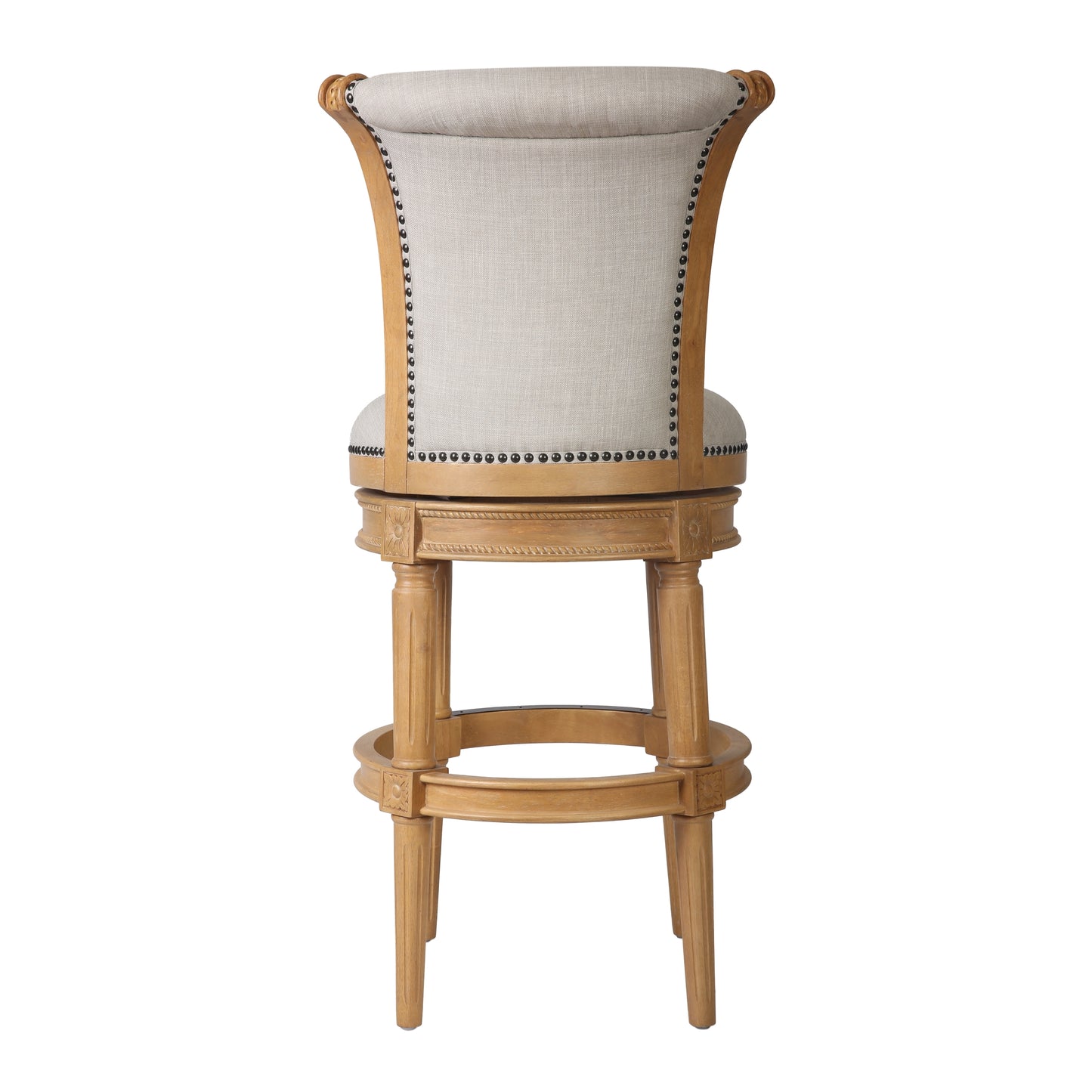 30" Beige and Natural Fabric and Solid Wood Bar Height Swivel Bar Chair