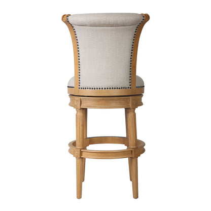 30" Beige and Natural Fabric and Solid Wood Bar Height Swivel Bar Chair