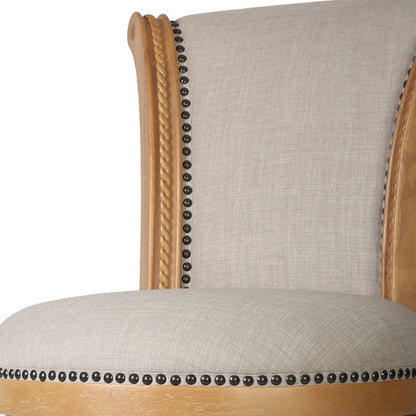 30" Beige and Natural Fabric and Solid Wood Bar Height Swivel Bar Chair