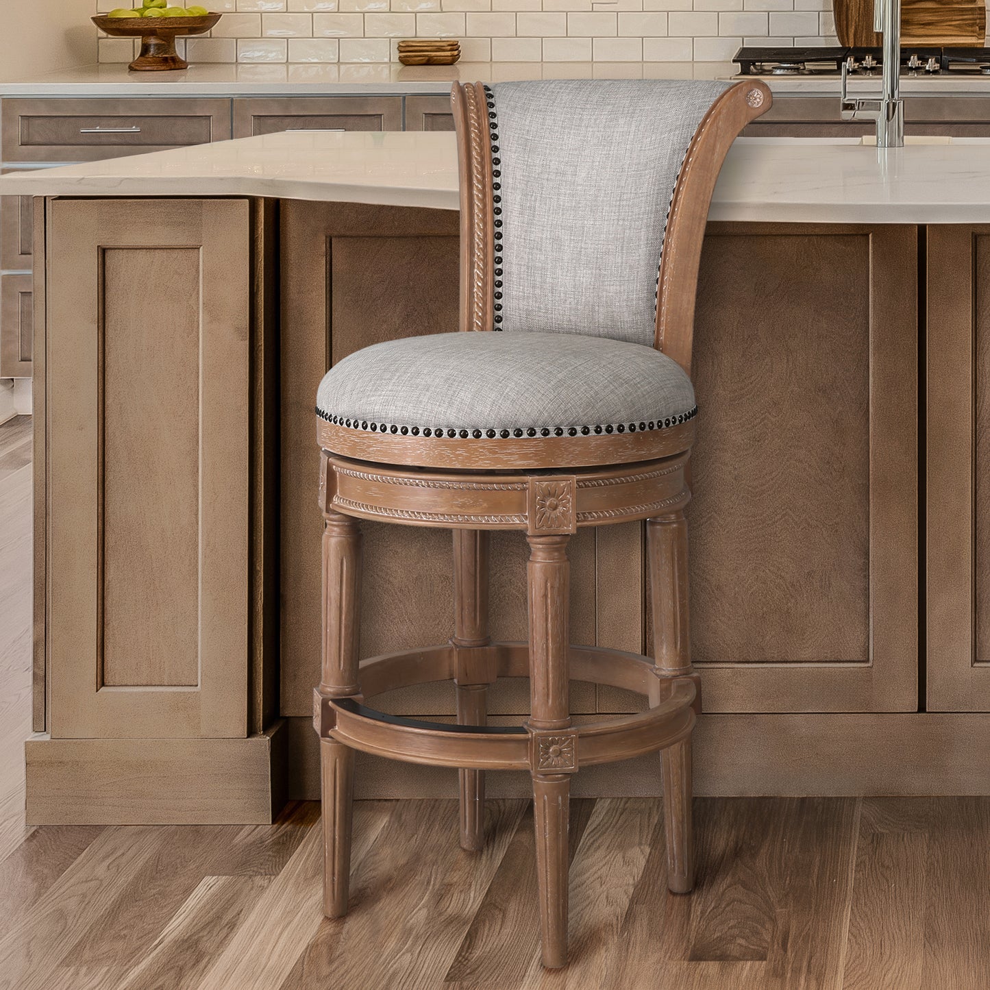 30" Beige and Natural Fabric and Solid Wood Bar Height Swivel Bar Chair
