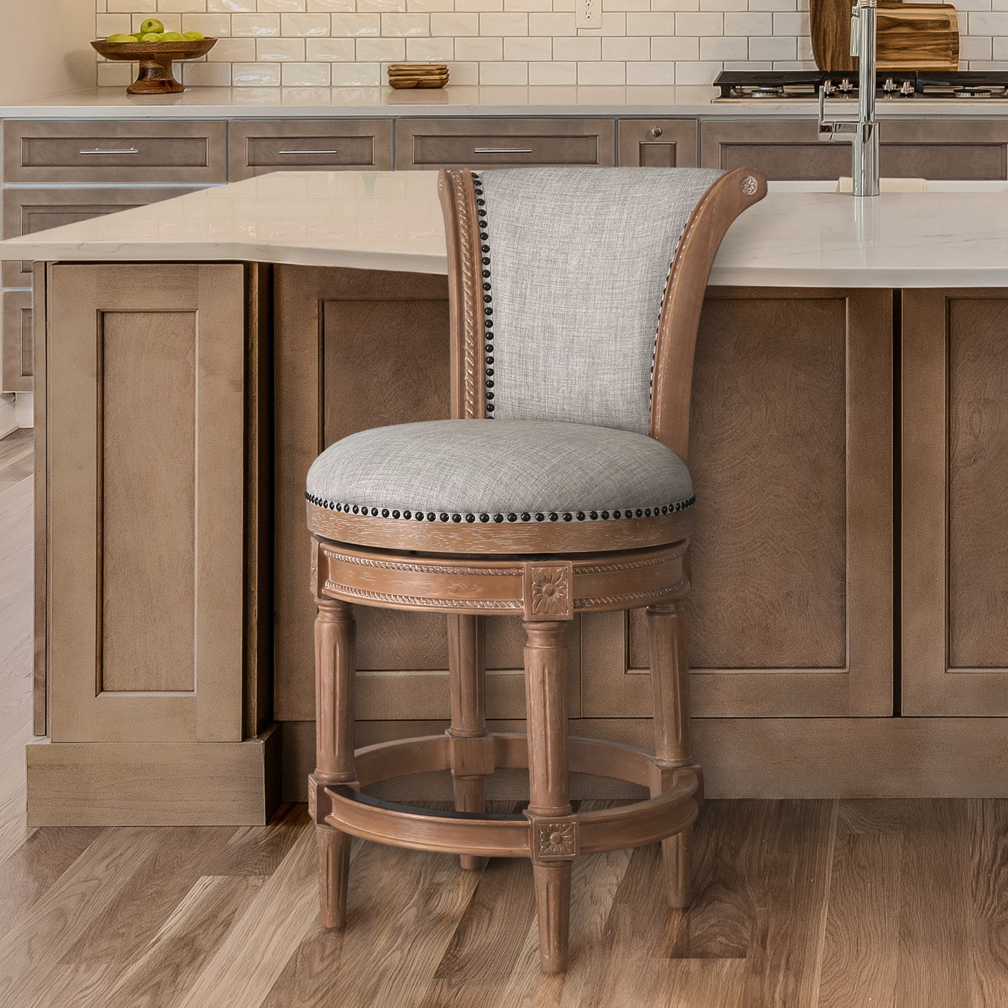 25" Beige and Natural Fabric and Solid Wood Counter Height Swivel Bar Chair