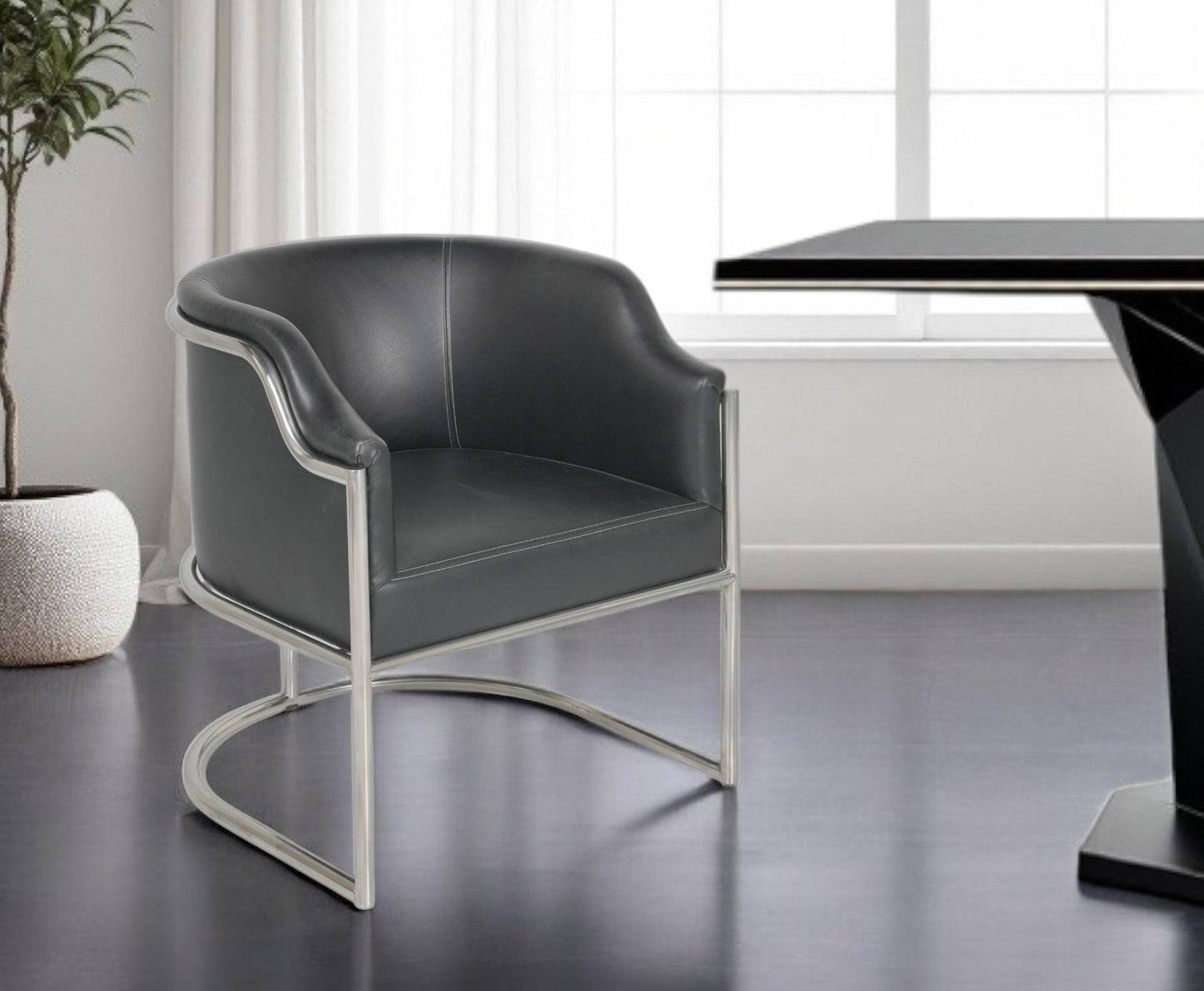 Charcoal and Silver Upholstered Leather Curved Back Dining Arm Chair