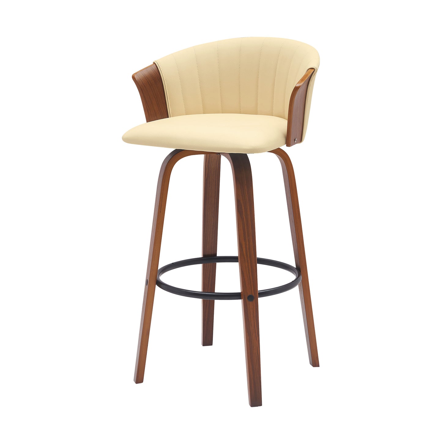 30" Cream And Wood Brown Faux Leather Swivel Bar Height Bar Chair