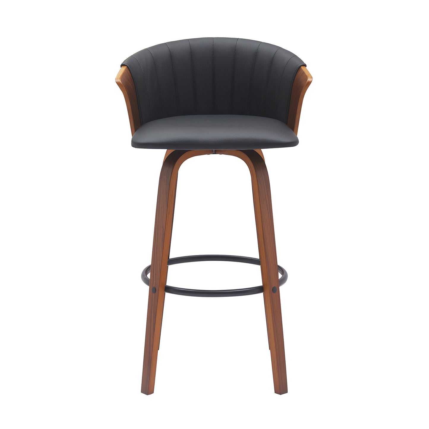 30" Black And Wood Brown Faux Leather Swivel Bar Height Bar Chair
