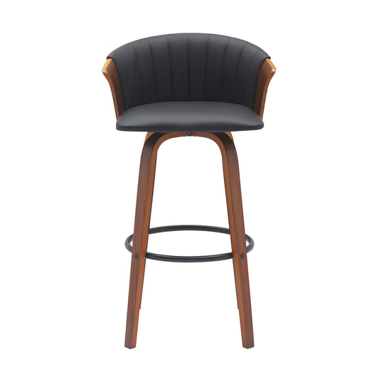 30" Black And Wood Brown Faux Leather Swivel Bar Height Bar Chair