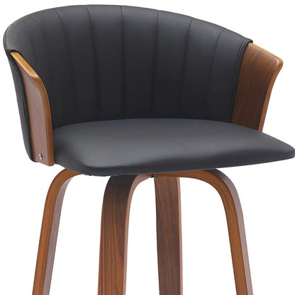 30" Black And Wood Brown Faux Leather Swivel Bar Height Bar Chair
