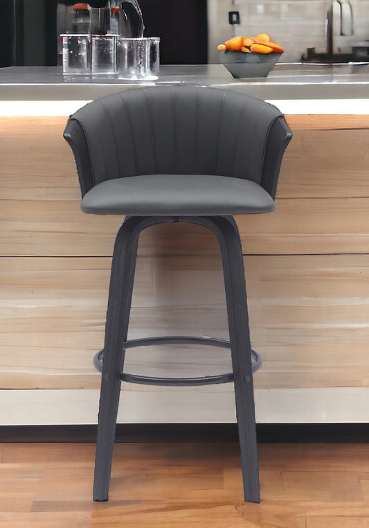 30" Gray And Black Faux Leather Swivel Bar Height Bar Chair