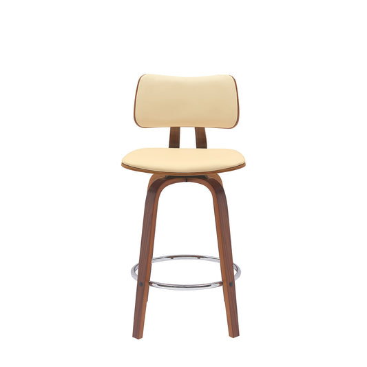 26" Cream And Wood Brown Faux Leather Swivel Low Back Counter Height Bar Chair