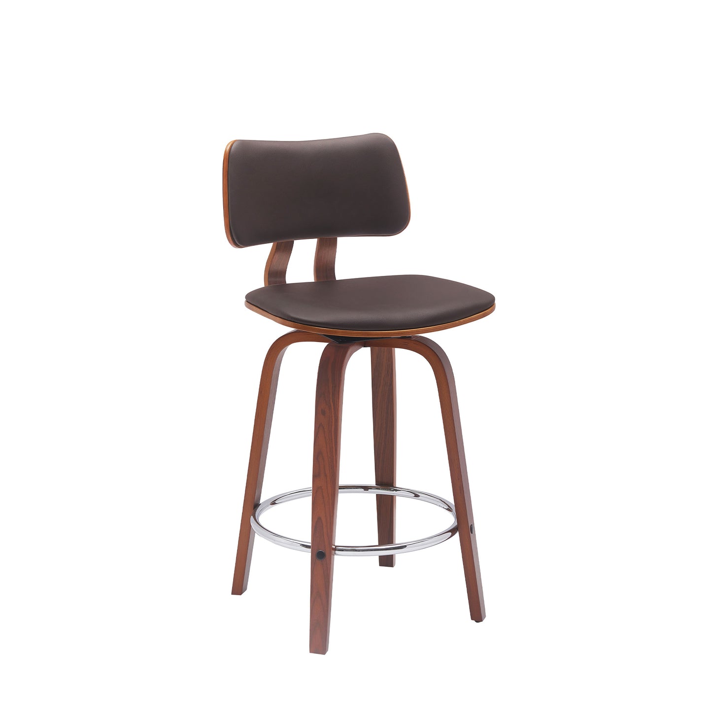 26" Brown And Wood Brown Faux Leather Swivel Low Back Counter Height Bar Chair
