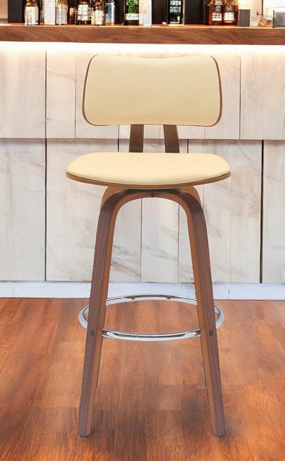 30" Cream And Wood Brown Faux Leather Swivel Low Back Bar Height Bar Chair
