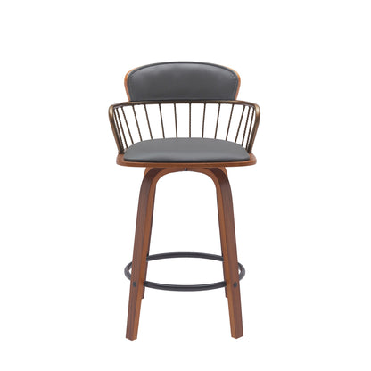 26" Gray And Wood Brown Faux Leather Swivel Low Back Counter Height Bar Chair