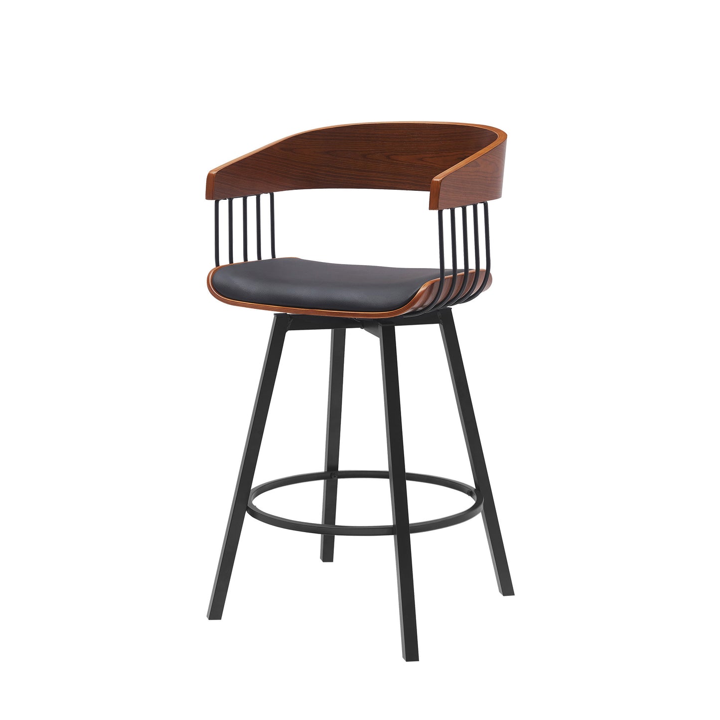 27" Black Faux Leather And Metal Swivel Low Back Counter Height Bar Chair
