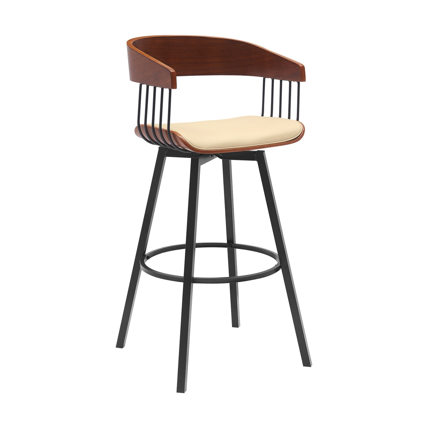 31" Cream and Black Faux Leather with Metal Swivel Bar Height Bar Chair