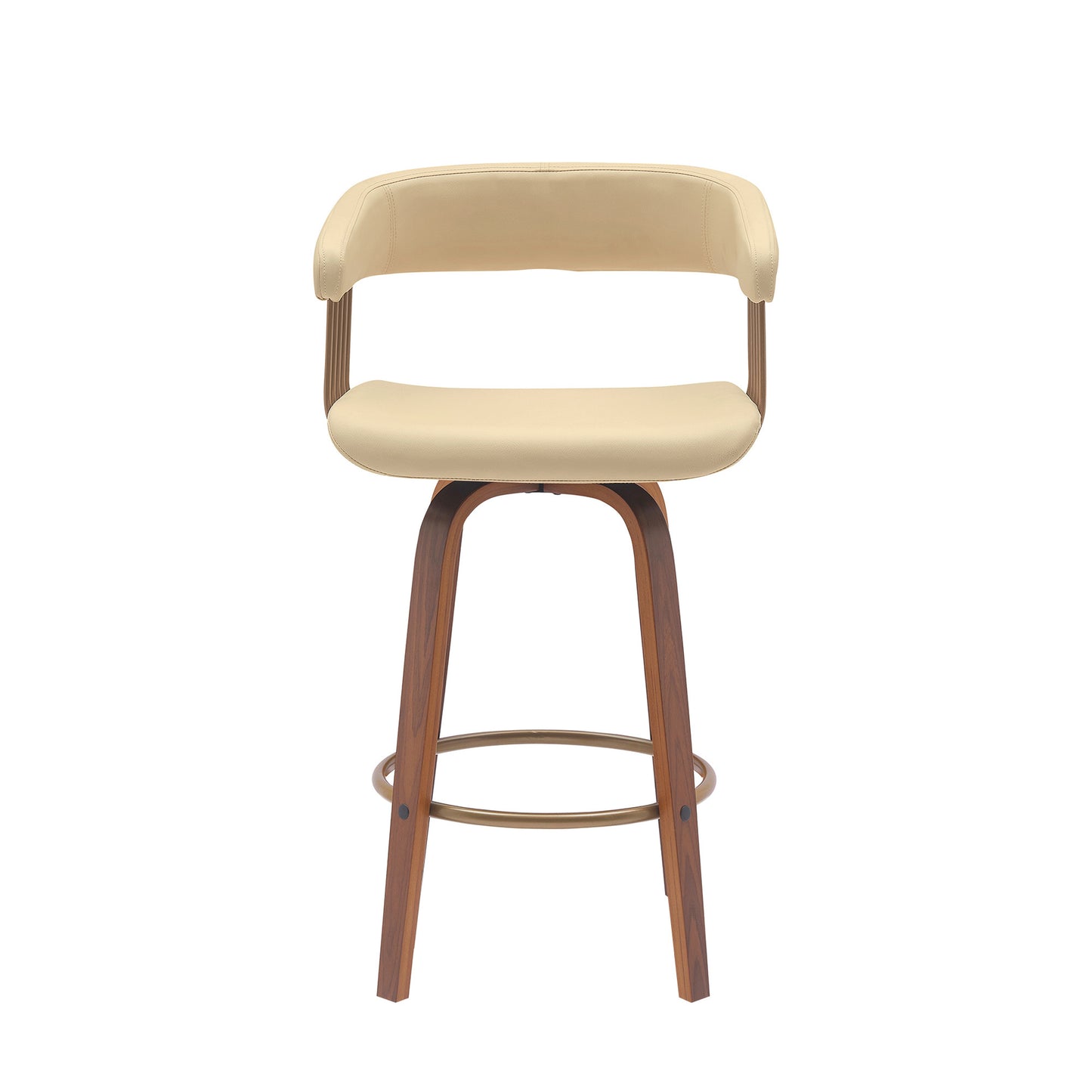 26" Cream And Wood Brown Faux Leather Swivel Counter Height Bar Chair