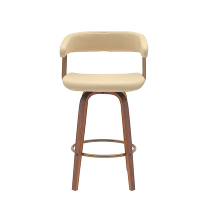 26" Cream And Wood Brown Faux Leather Swivel Counter Height Bar Chair