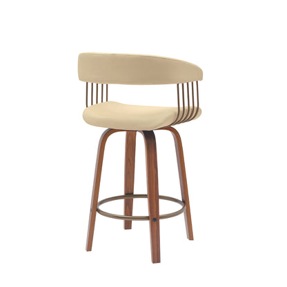 26" Cream And Wood Brown Faux Leather Swivel Counter Height Bar Chair
