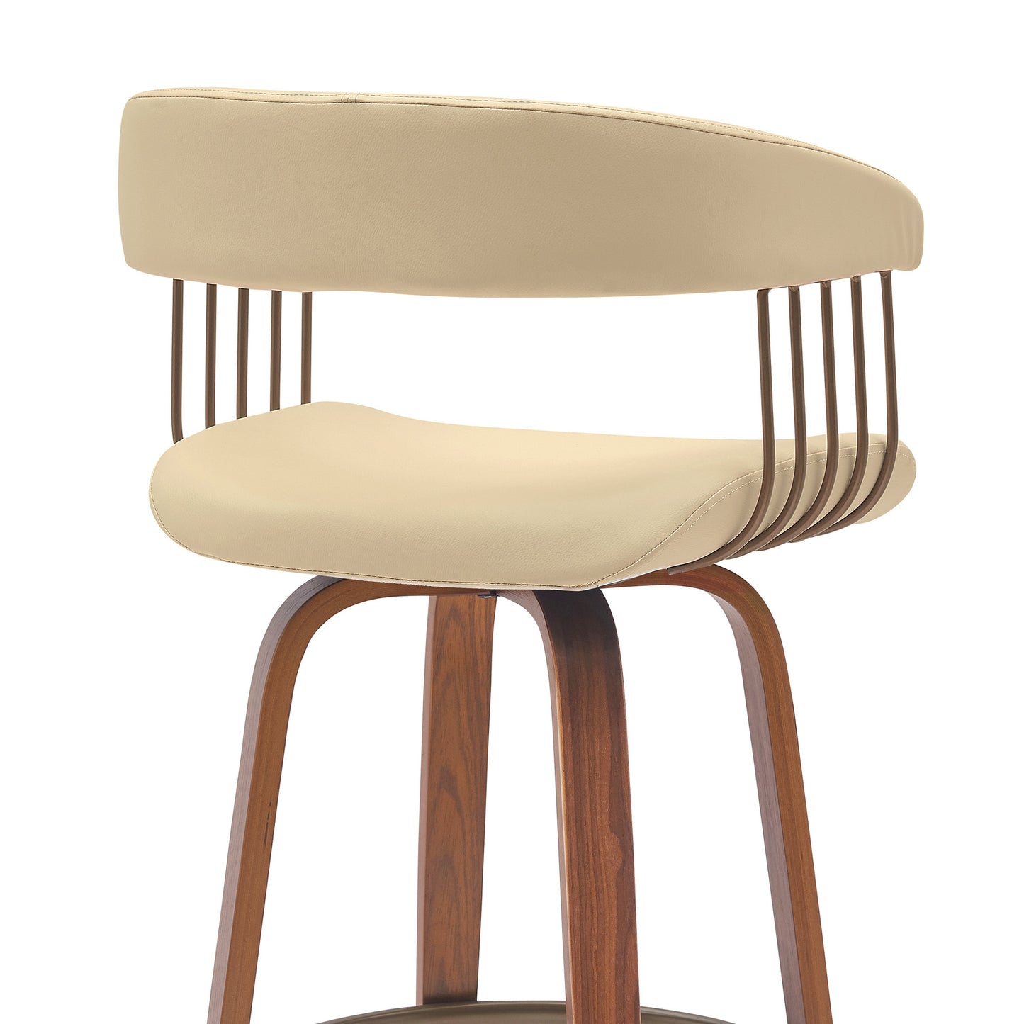 26" Cream And Wood Brown Faux Leather Swivel Counter Height Bar Chair