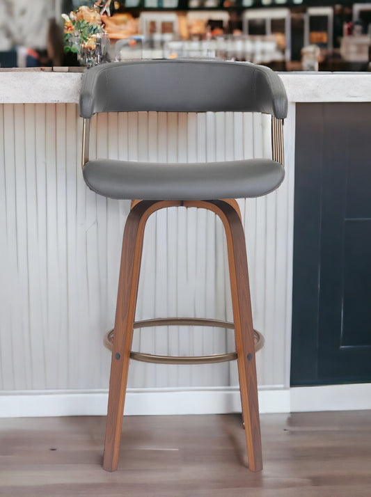 31" Gray And Wood Brown Faux Leather Swivel Bar Height Bar Chair