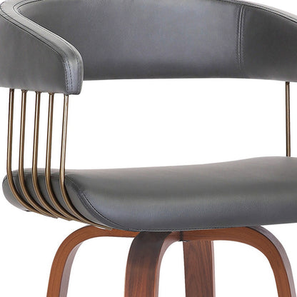 31" Gray And Wood Brown Faux Leather Swivel Bar Height Bar Chair