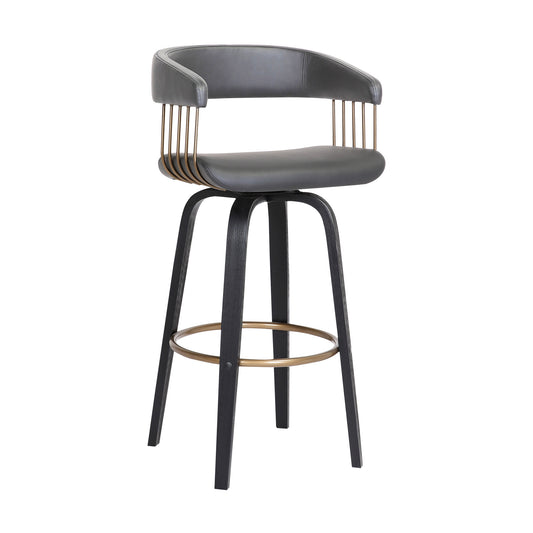31" Gray And Black Faux Leather Swivel Bar Height Bar Chair