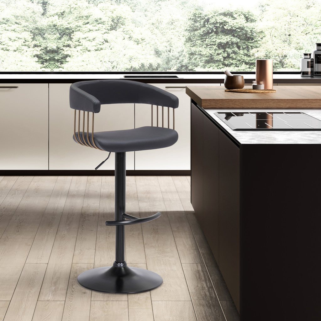 Black Faux Leather And Metal Swivel Adjustable Height Bar Chair