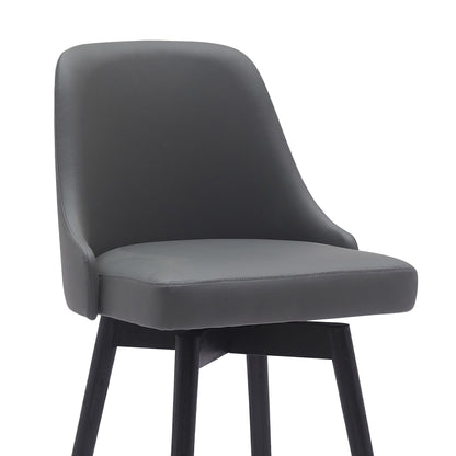 26" Gray and Black Faux Leather with Solid Wood Swivel Counter Height Bar Chair