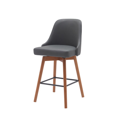 26" Gray and Wood Brown Faux Leather with Solid Wood Swivel Counter Height Bar Chair