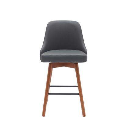 26" Gray and Wood Brown Faux Leather with Solid Wood Swivel Counter Height Bar Chair
