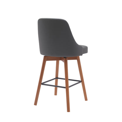 26" Gray and Wood Brown Faux Leather with Solid Wood Swivel Counter Height Bar Chair