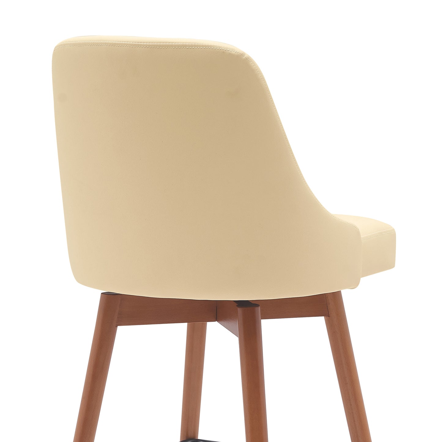 30" Cream and Wood Brown Faux Leather with Solid Wood Swivel Bar Height Bar Chair