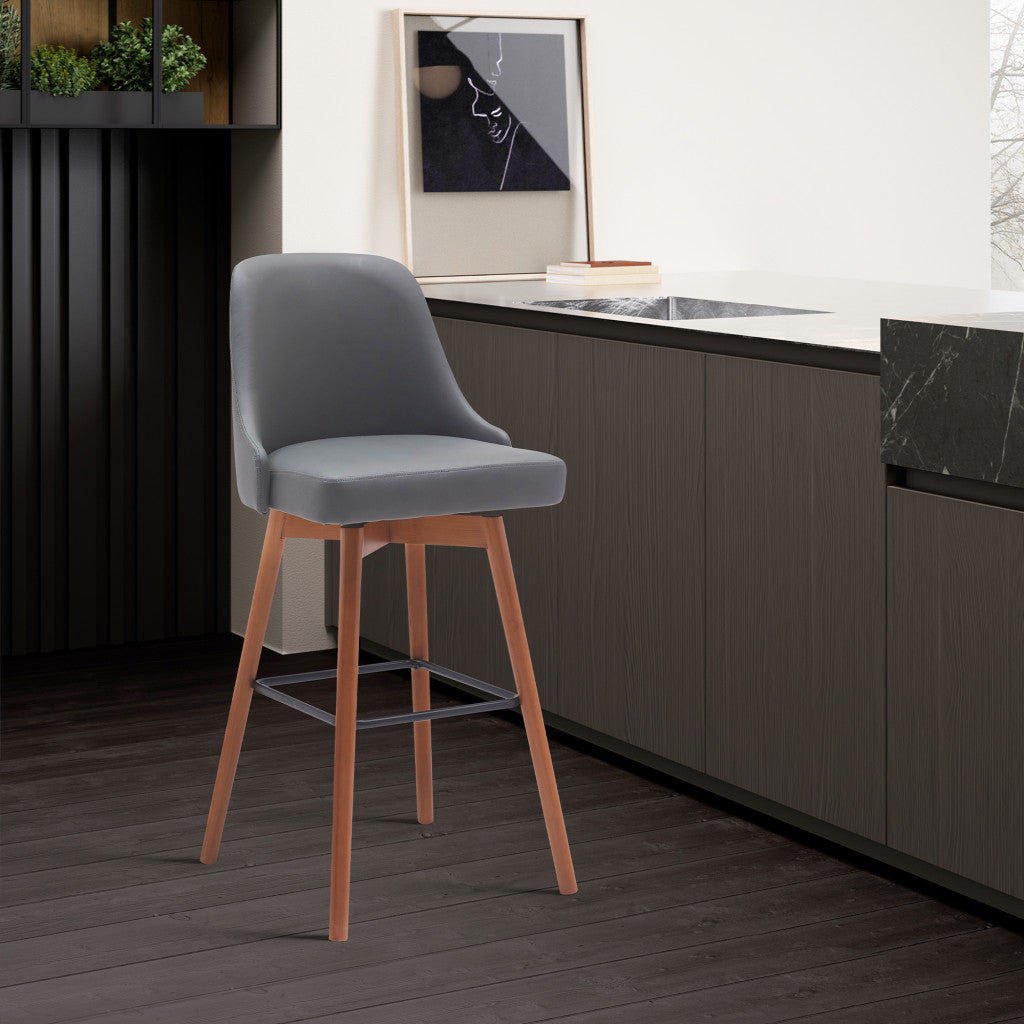 30" Gray and Wood Brown Faux Leather with Solid Wood Swivel Bar Height Bar Chair
