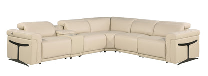 Beige Italian Leather Modular L Shaped Six Piece Corner Sectional With Console