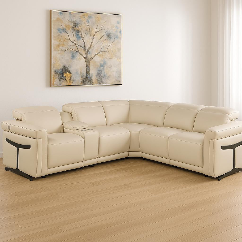 Beige Italian Leather Modular L Shaped Six Piece Corner Sectional With Console