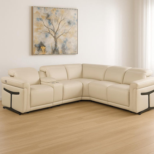 Beige Italian Leather Modular L Shaped Six Piece Corner Sectional With Console