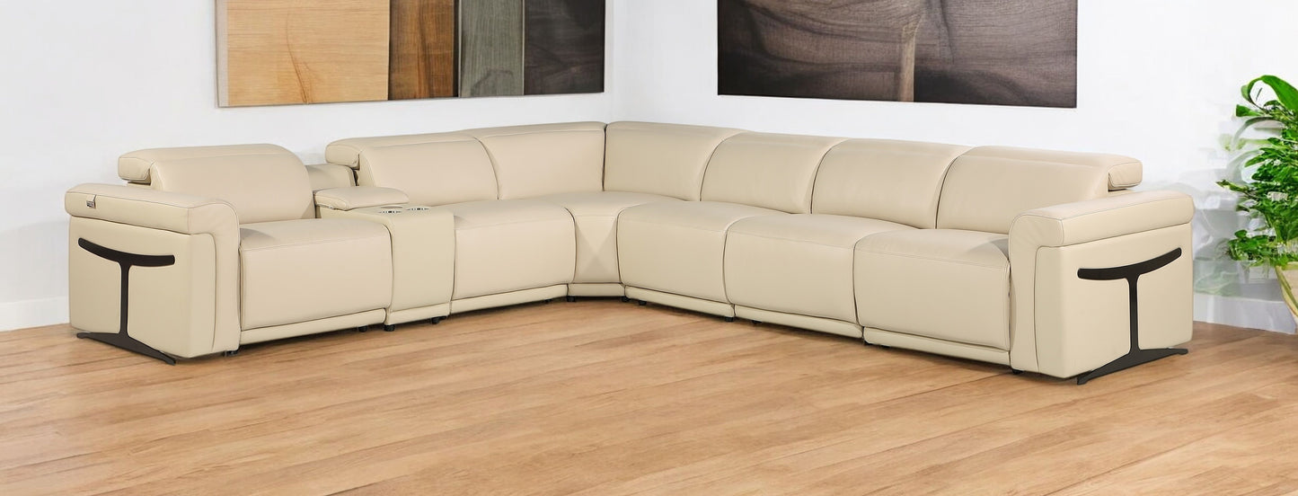 Beige Italian Leather Modular L Shaped Seven Piece Corner Sectional With Console